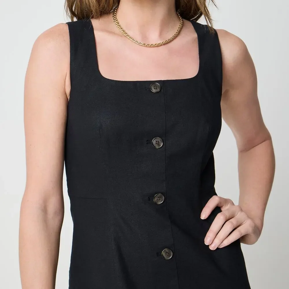 J.Crew Linen Cotton Blend Old Money Button Front Midi Dress Black 0